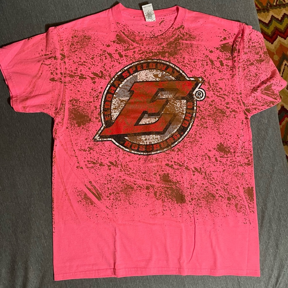 Like New Eldora Speedway T-Shirt w/ fake dirt splatter Hot Pink Size Large - Picture 6 of 6